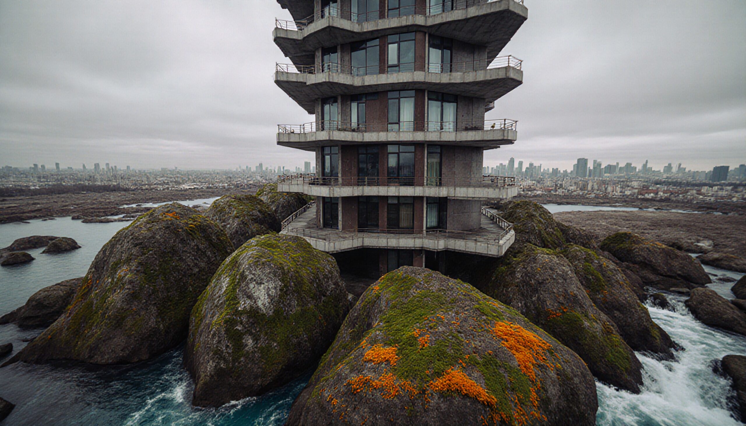 Modern architecture on coastal rocks