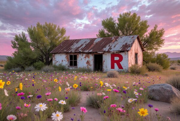 A rustic shack amidst vibrant wildflowers under a pink sunset sky.