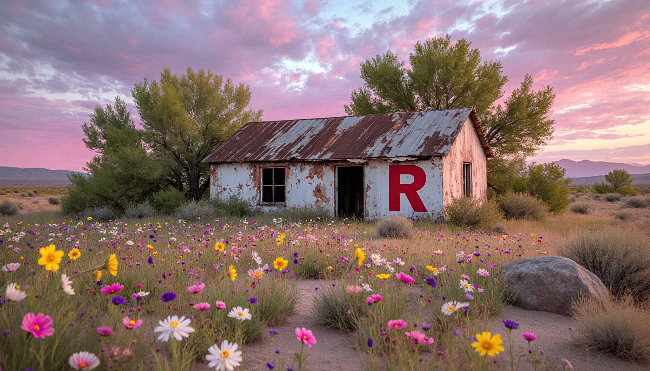 Rustic Shack in Blooming Field