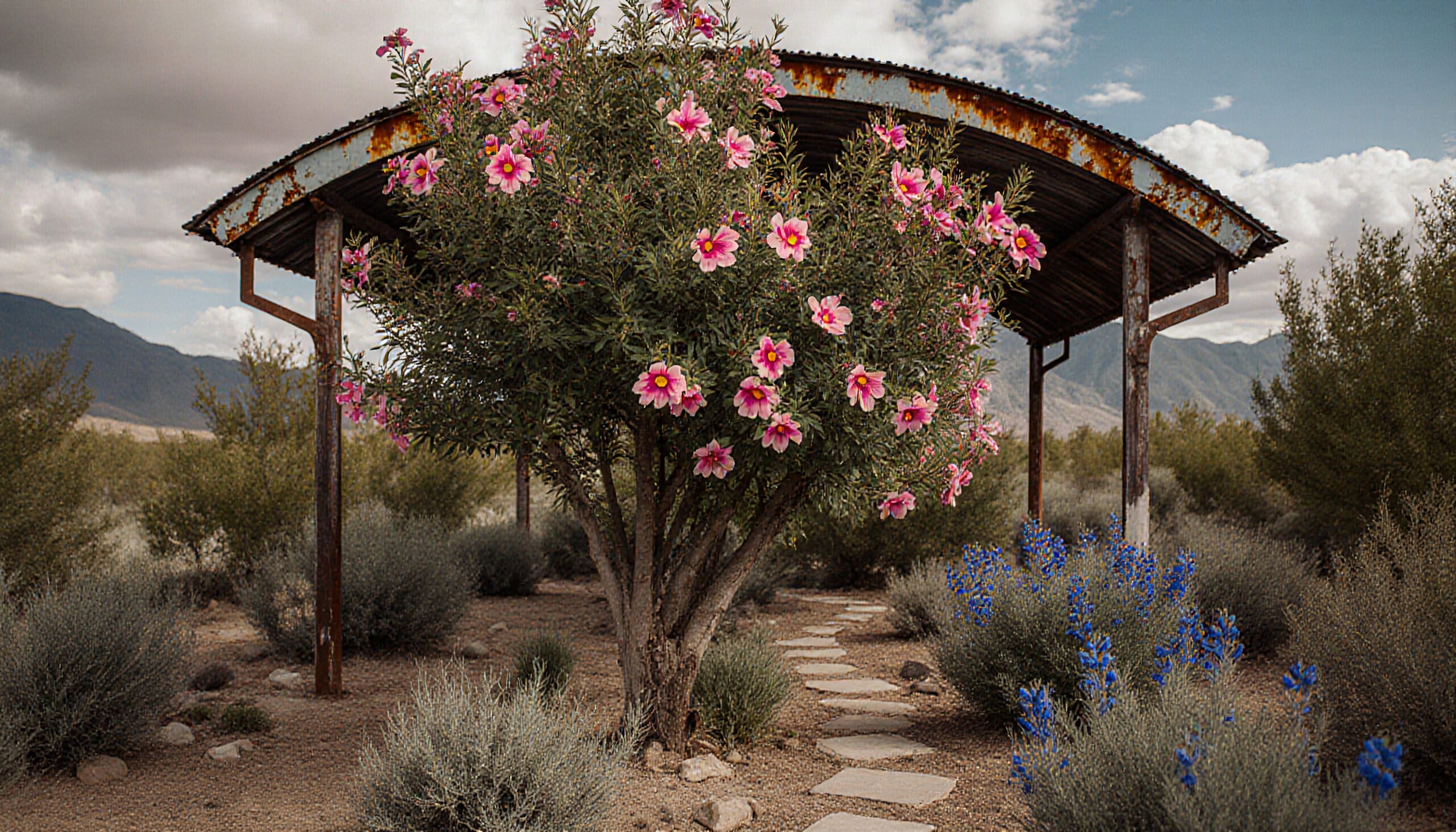 Blossoming Desert Oasis Under Canopy