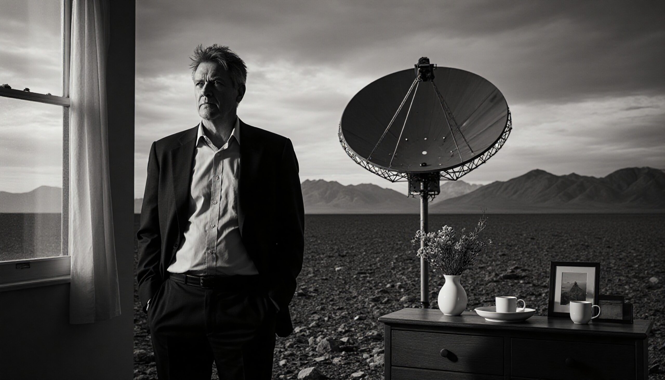 Reflective Man and Satellite Dish