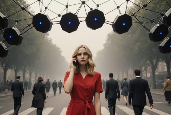 A woman in a red dress stands on a foggy street, holding a phone, beneath a structure of glowing blue geometric shapes.