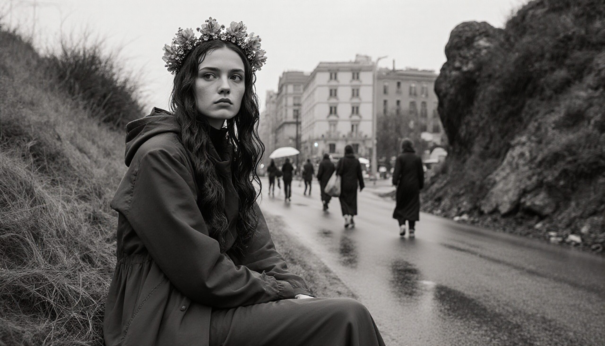 Contemplative Woman in Urban Rain