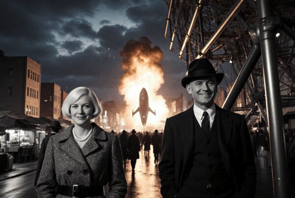 A retro-futuristic city scene showing two people standing near a rocket launch at night, with vintage market stalls in the background.