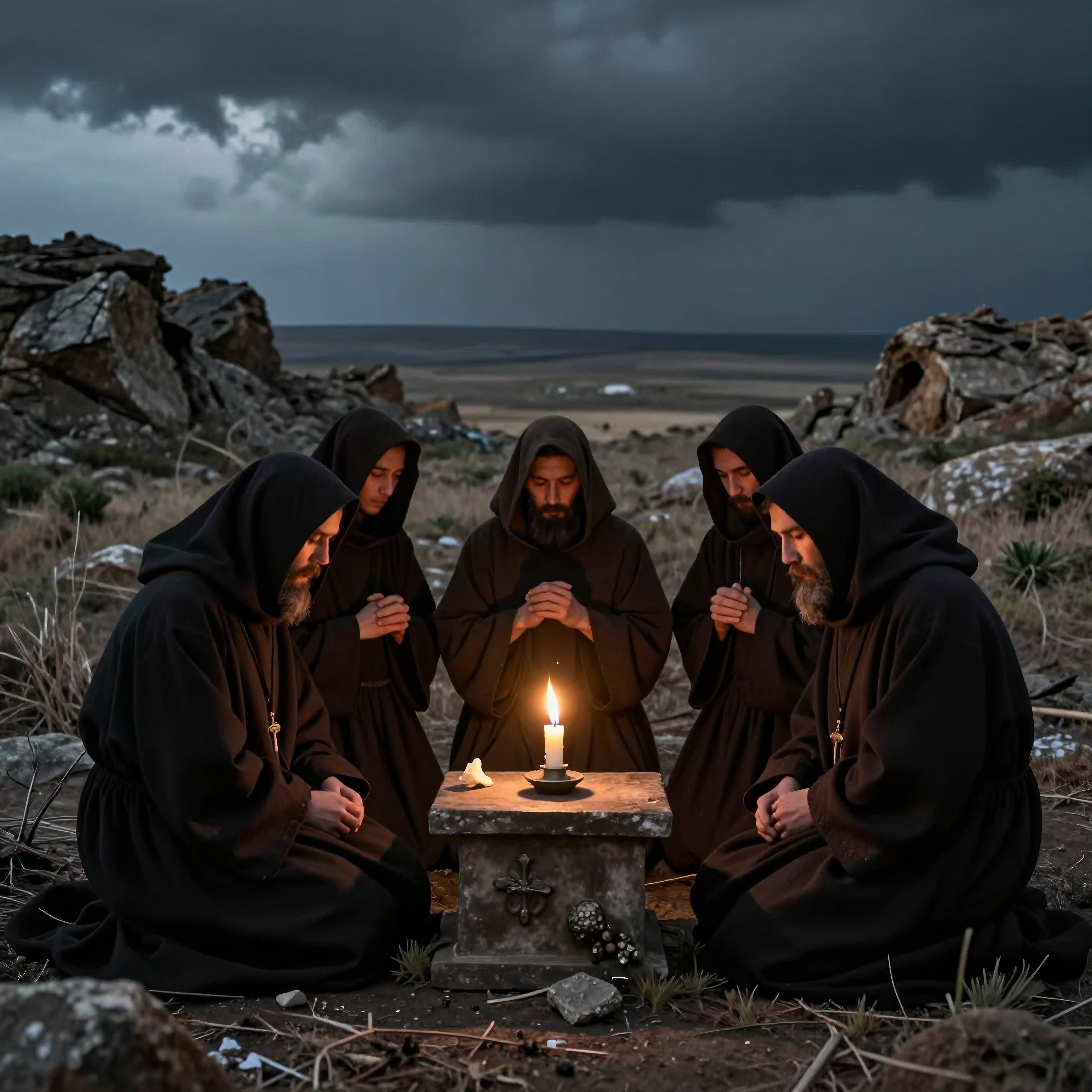 Monks in Prayer Under Stormy Sky