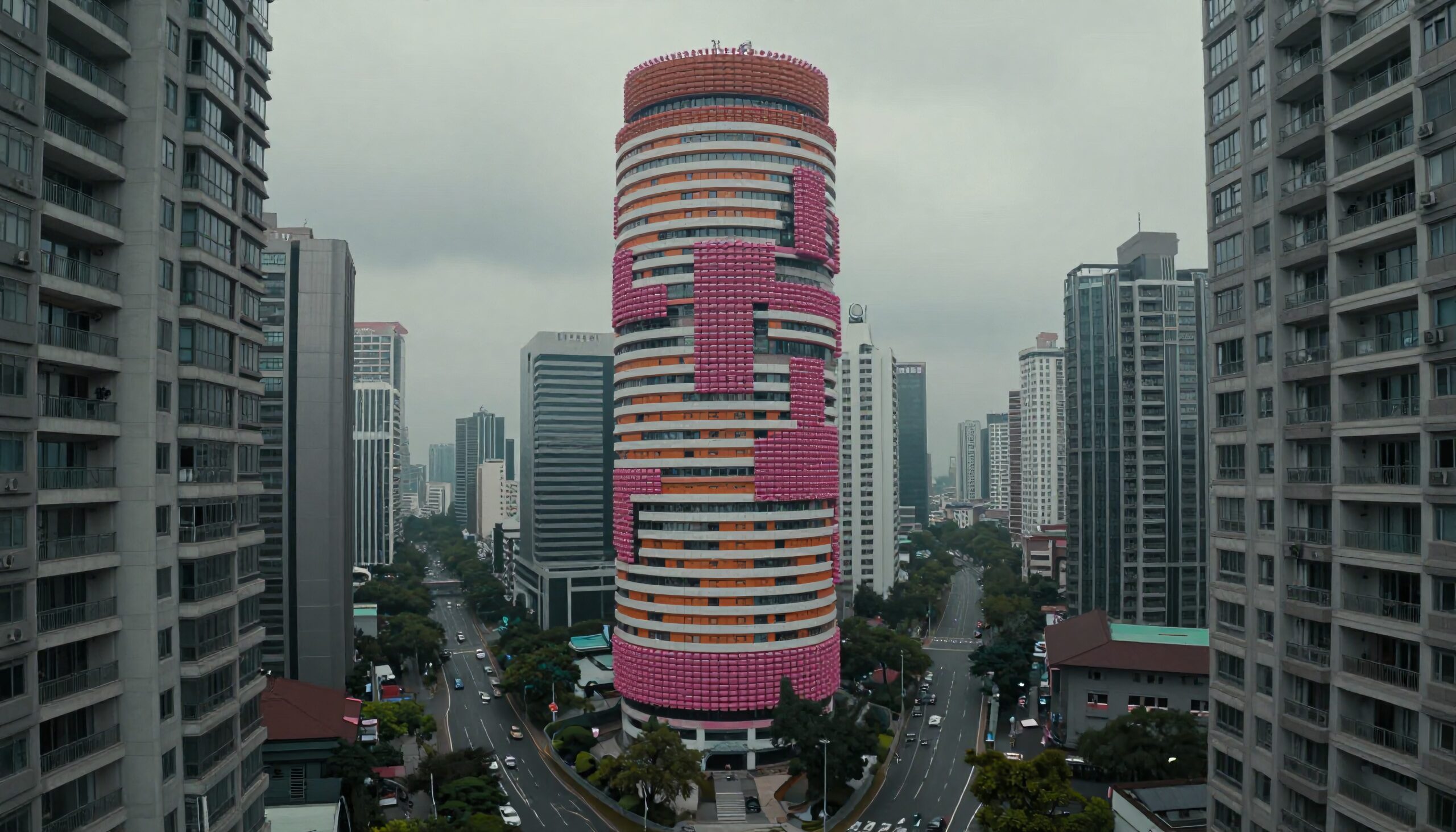 Colorful Column Building Amidst City