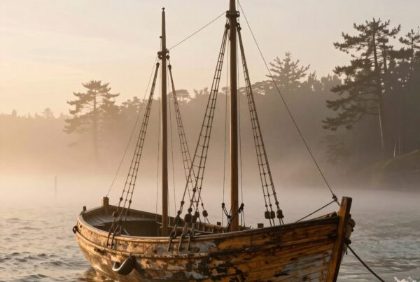 A wooden sailboat on a misty shore at sunrise, with a seagull and calm waves.
