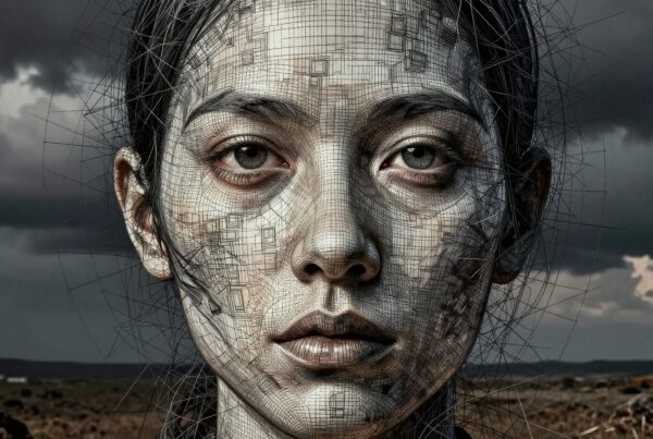Surreal portrait of woman with geometric patterns in digital art style.