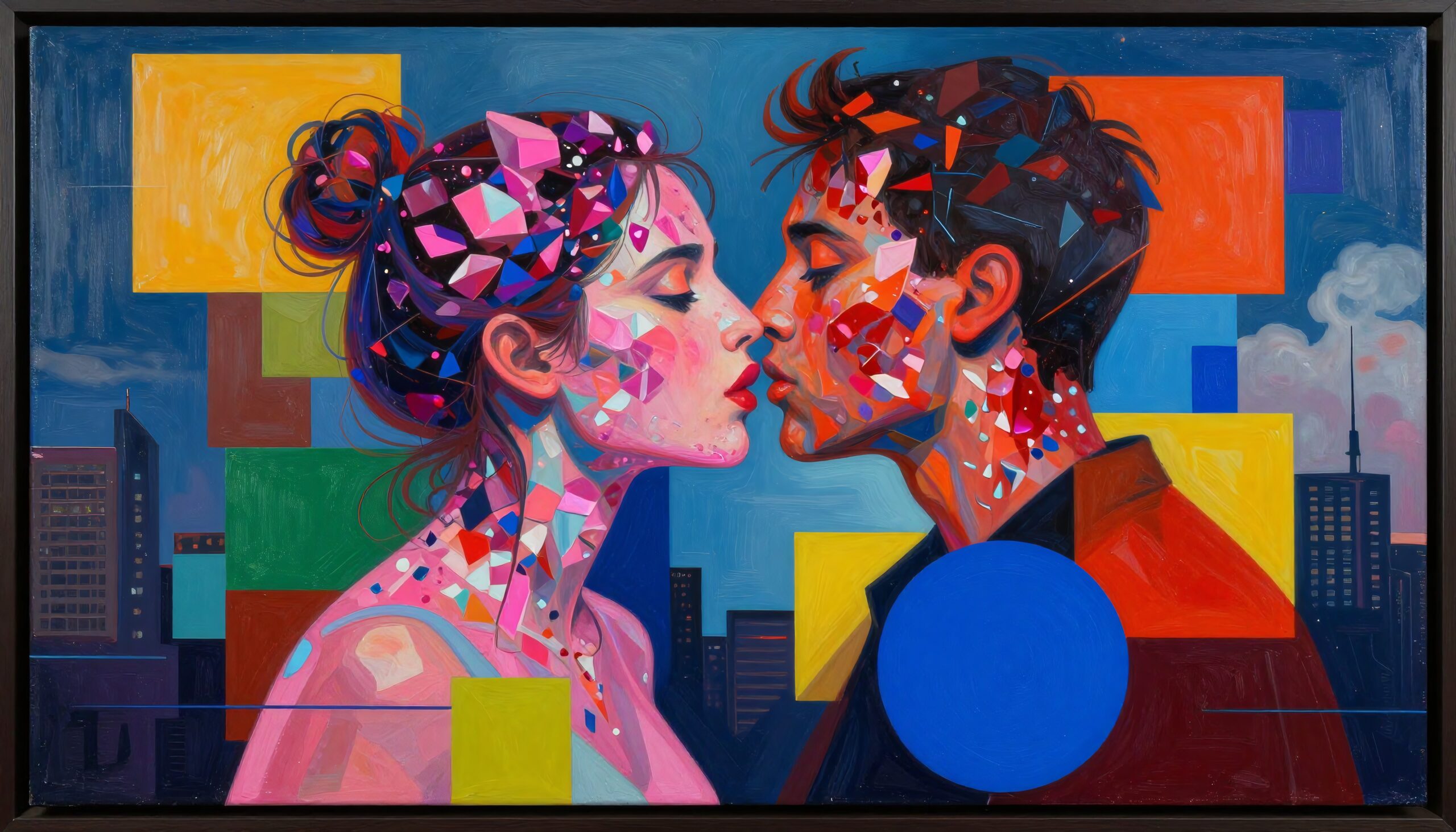 Colorful Geometric Kiss in Cityscape