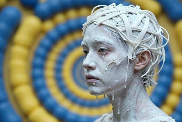 A person with white face paint and noodle hair against a circular blue and yellow background.