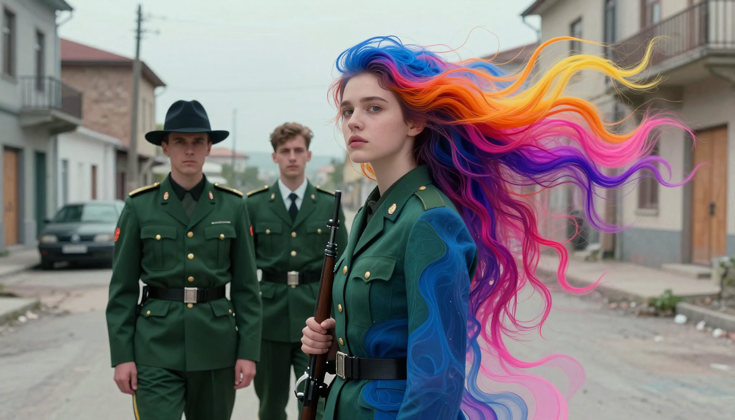 Vivid Hair Amidst Military Uniforms