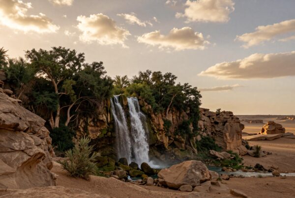 A stunning waterfall flows from a rocky cliff into a desert oasis, surrounded by greenery under a colorful sky.