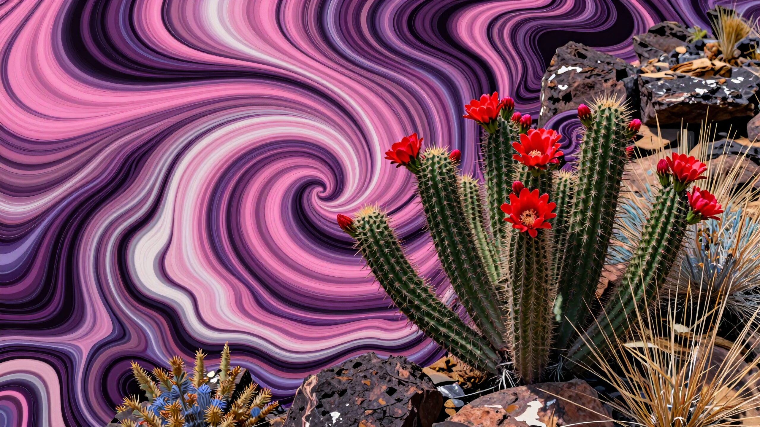 Cactus and Psychedelic Swirl Art