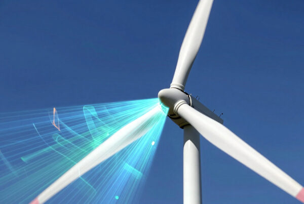 Modern wind turbine generating clean renewable energy under bright blue skies