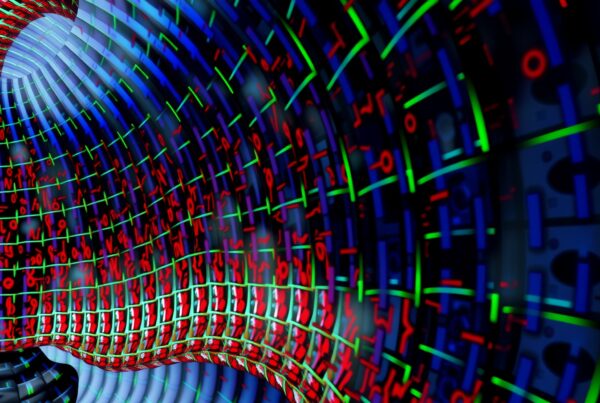 A vibrant abstract pattern with neon lines and digital symbols creating a tunnel effect.