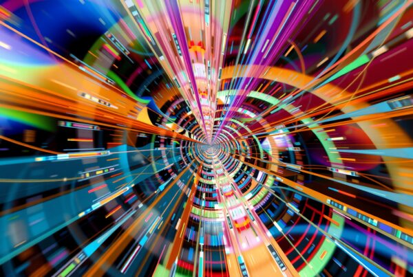A vibrant abstract tunnel scene with colorful digital motion.