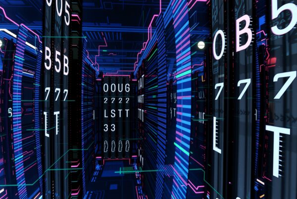 Futuristic digital corridor with neon lights, glowing panels, and alphanumeric codes.