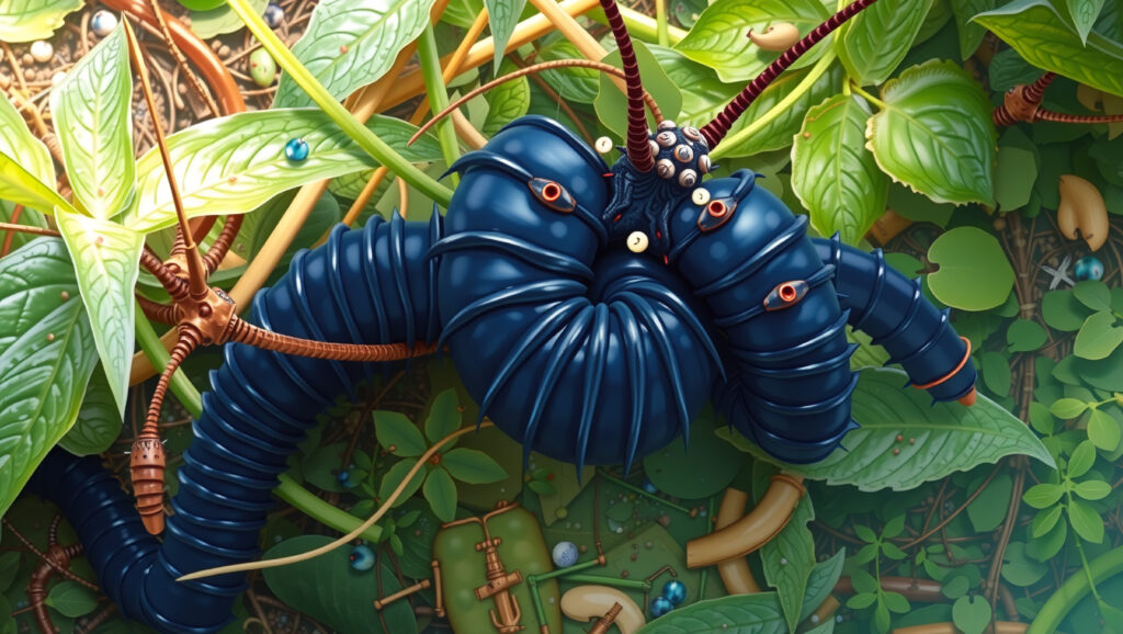 Blue Mechanical Creature in Lush Green Jungle