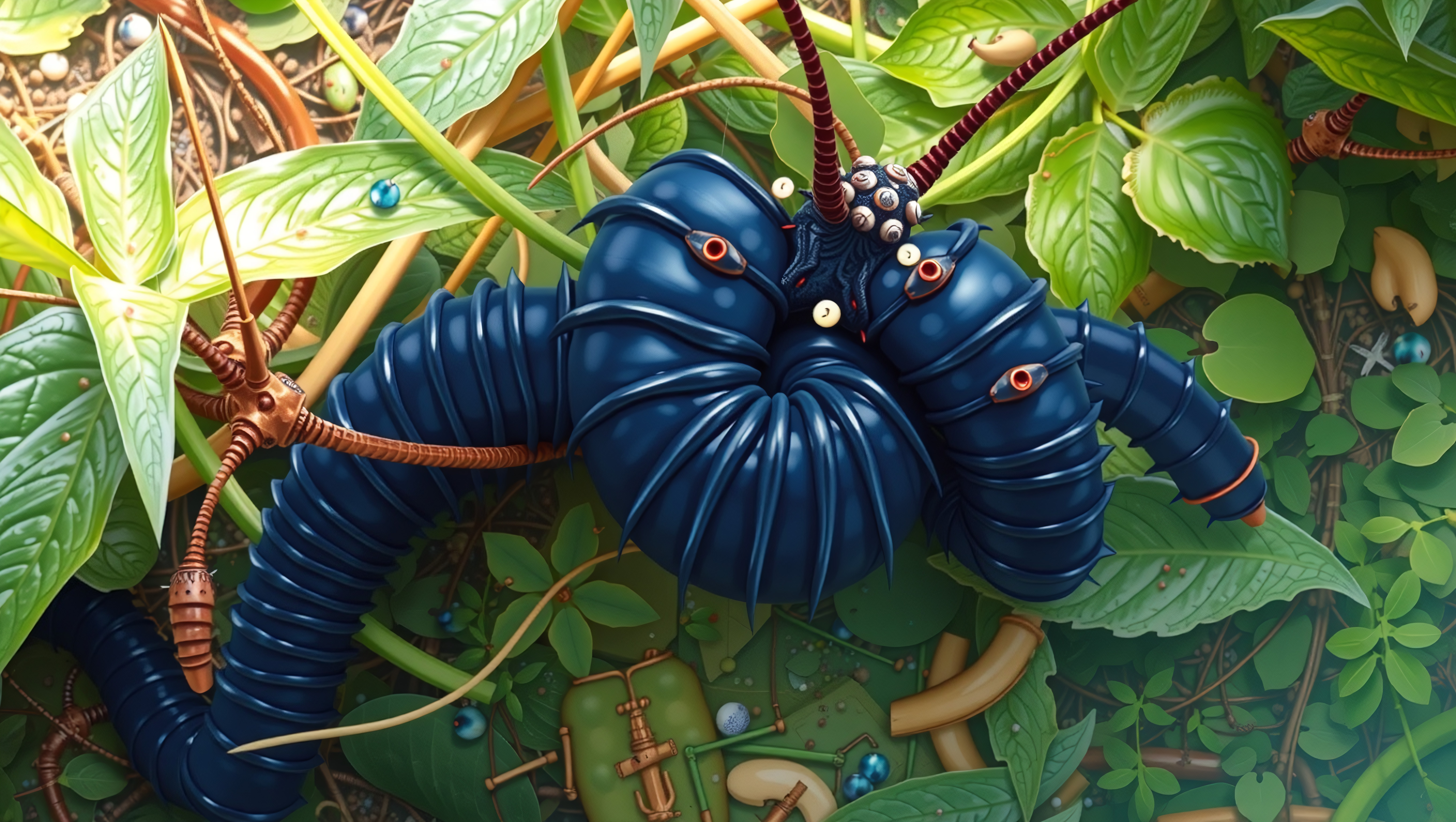 Blue Mechanical Creature in Lush Green Jungle