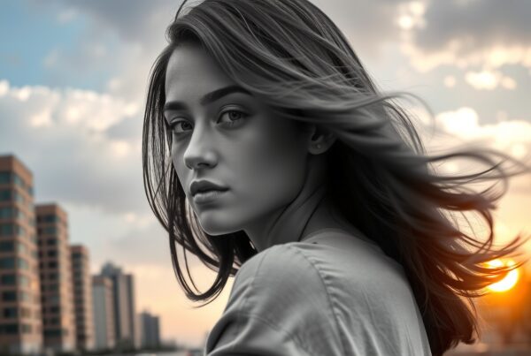 Woman standing on an urban road at sunset, her hair flowing in the wind, with city buildings in the background.