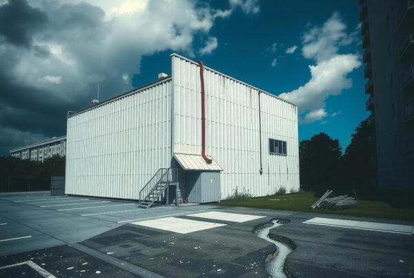 White industrial building with dramatic clouds in the background.