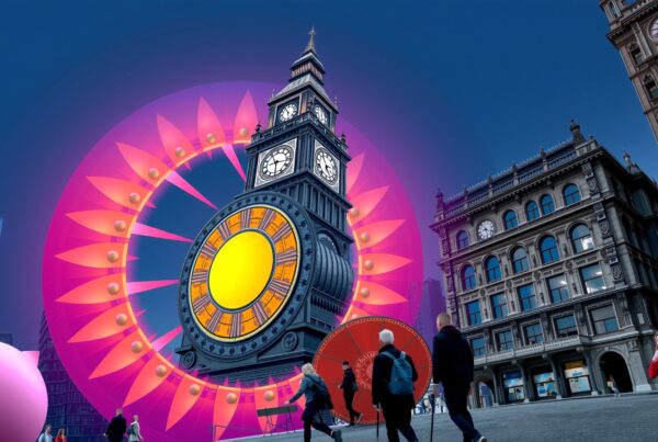 Surreal clock tower with neon artistic elements.