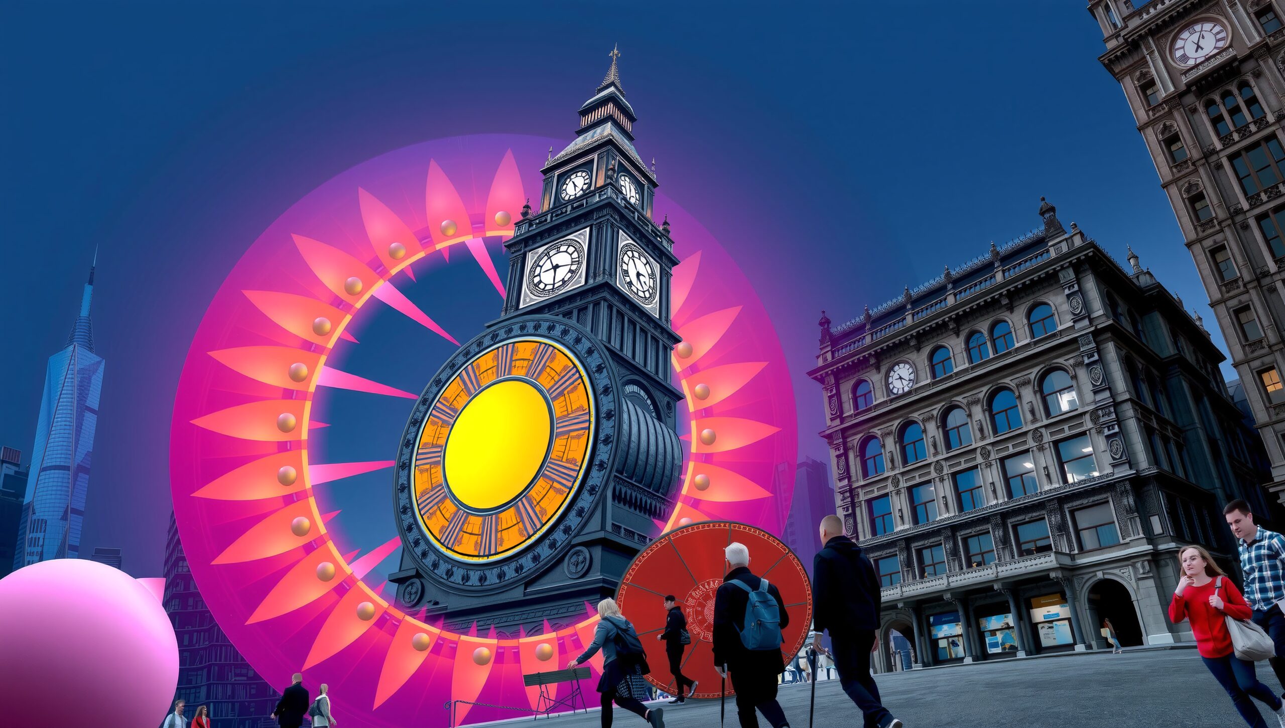 Clock Tower with Neon Art