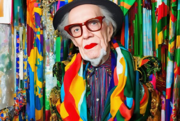An elderly individual in vibrant, colorful attire stands before a vivid, abstract backdrop.