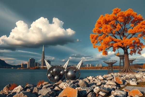 A futuristic cityscape with vibrant orange tree and dramatic skyline blending nature and architecture.