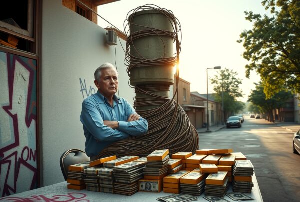 A contemplative man stands beside stacks of money on an urban street at sunset.