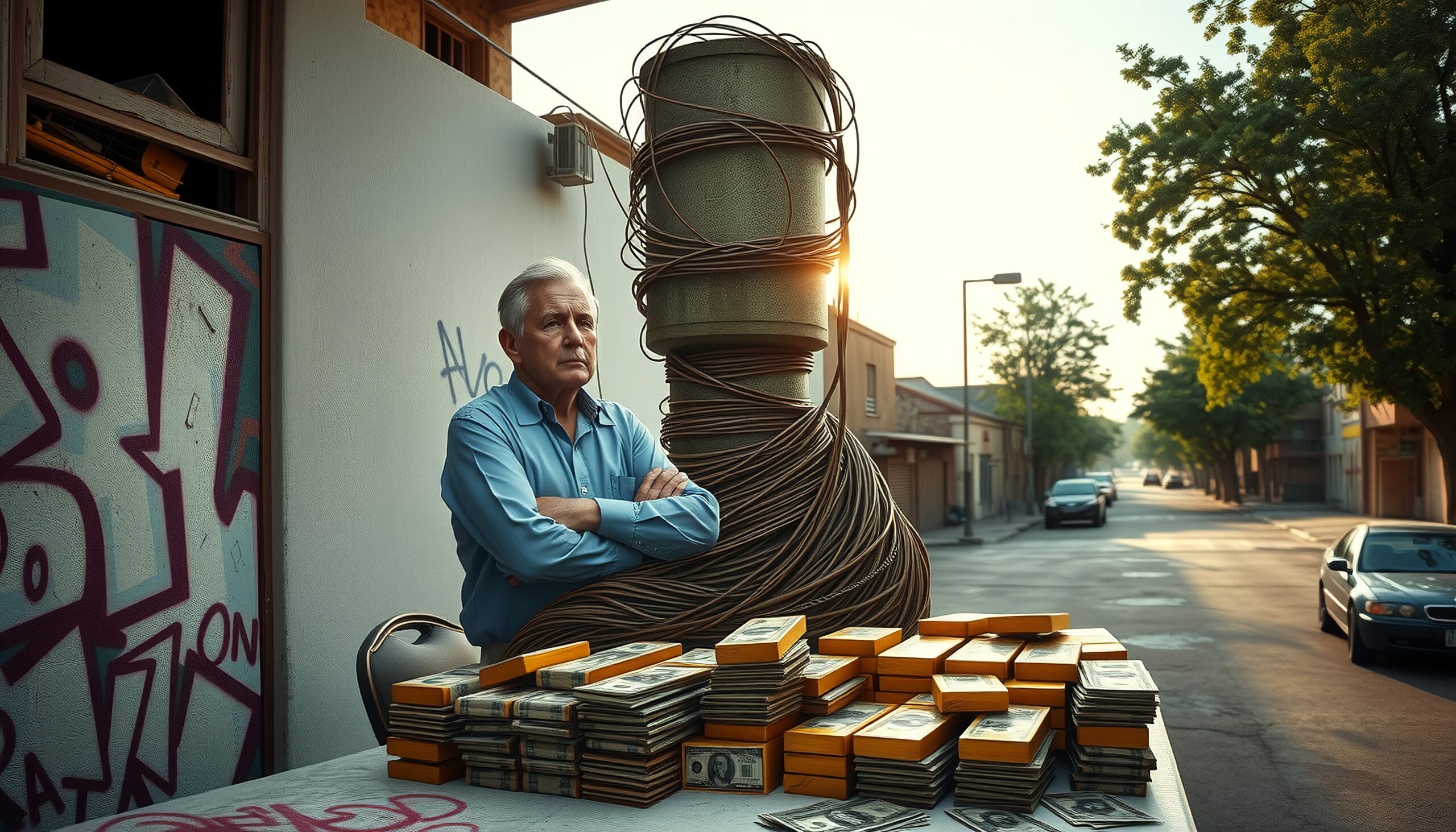 Stacks and Cables at Sunset