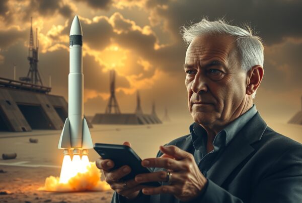 A man with a smartphone monitors a dramatic rocket launch at sunset.