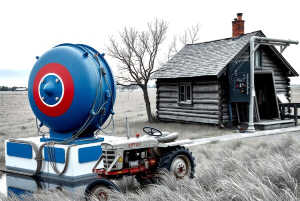Blue machine and vintage tractor beside rustic log cabin in rural field setting.