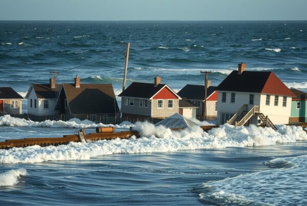 Coastal homes facing ocean waves with seawall and crashing surf.