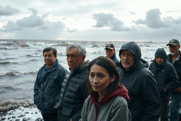 A group of people stand together by a stormy sea, wearing warm clothes under a cloudy sky.