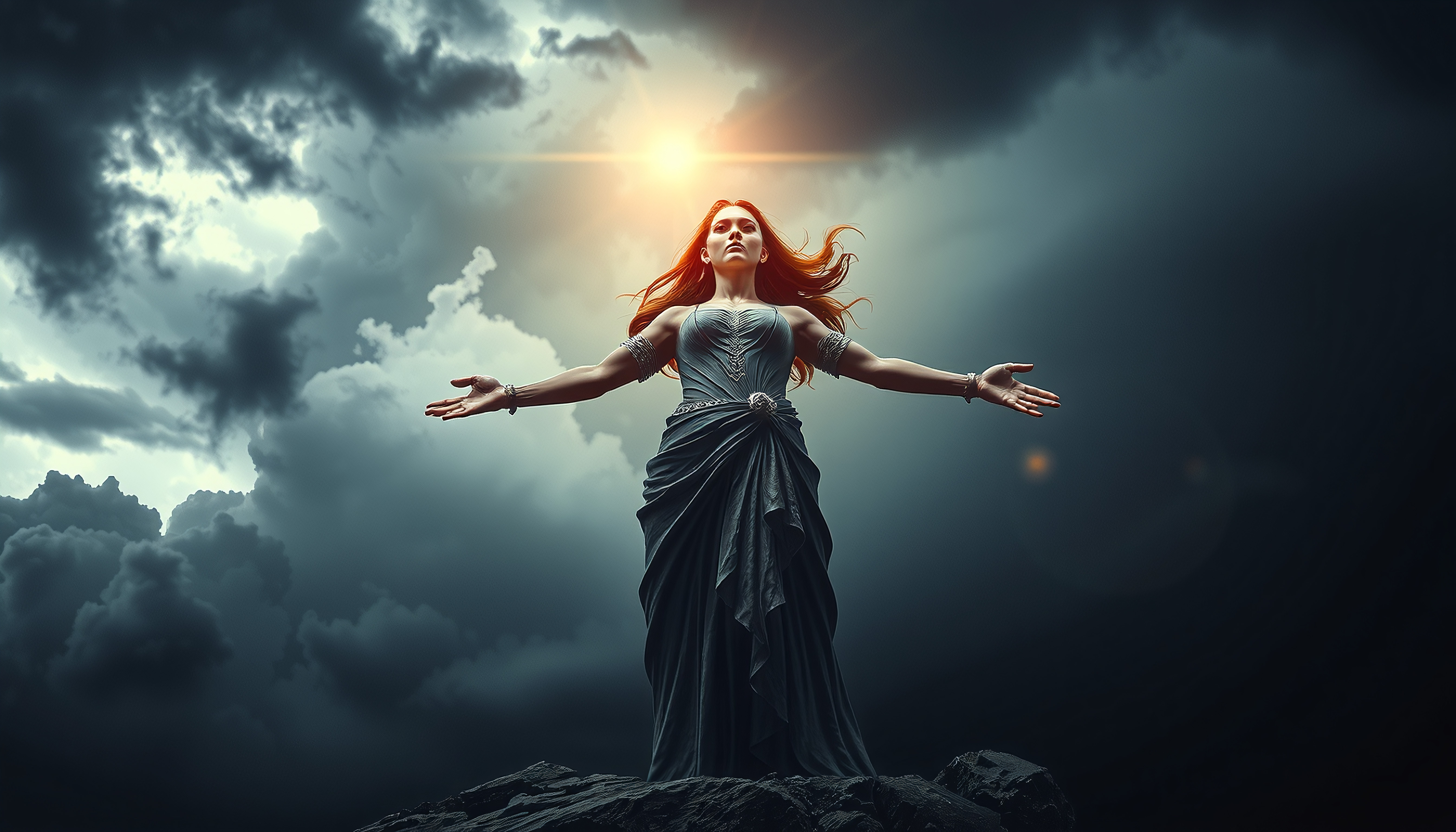 Woman Standing on Cliff with Dramatic Sky