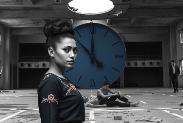 A contemplative woman stands before a giant clock in a mysterious industrial setting.