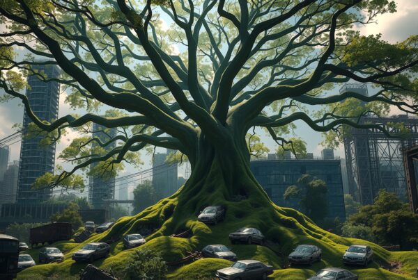 A gigantic tree reclaims an urban setting with cars entangled in its roots beneath thriving green moss and city skyscrapers.