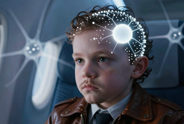 Thought Process Visualization: Young Boy Looking Out Airplane Wi