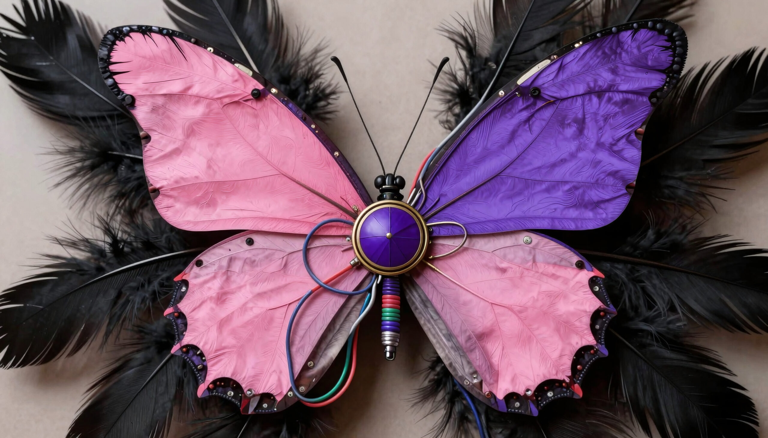 Insect with Pink and Purple Wings on Black Feathers