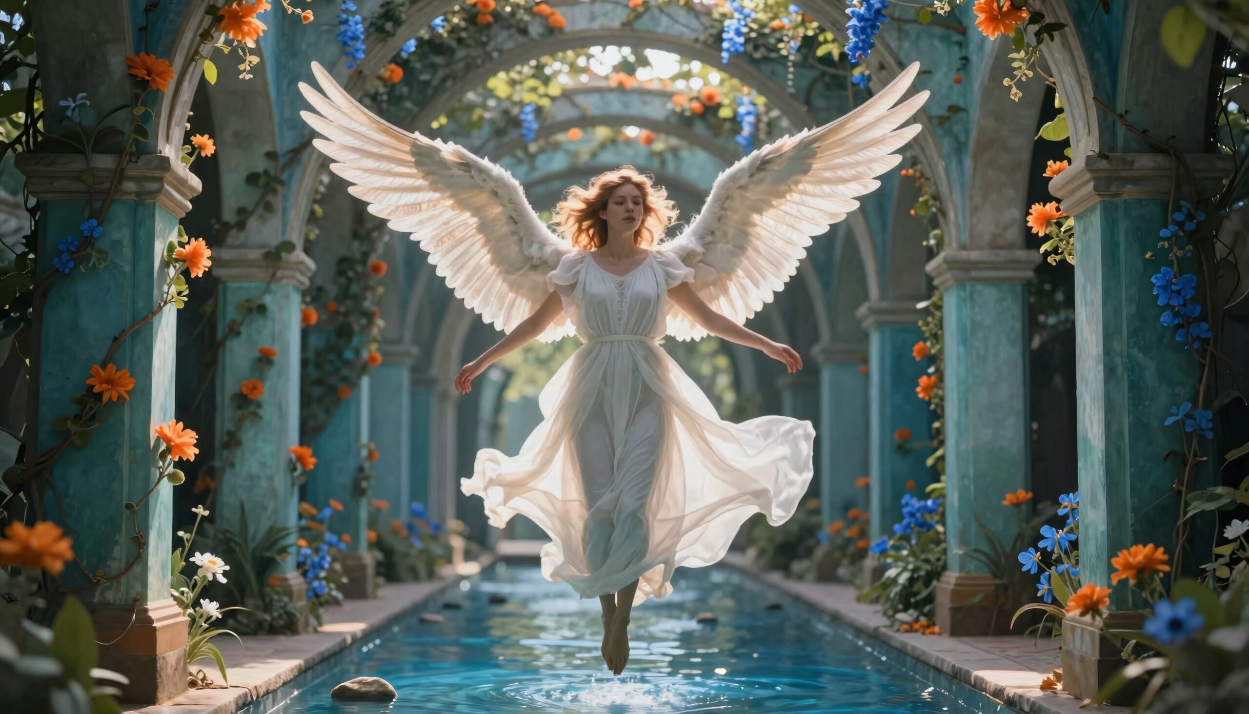 Angel Gliding Through Arched Corridor