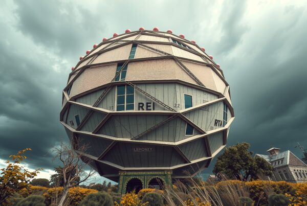 A unique geodesic dome structure under dramatic clouds.