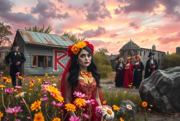 A woman in Día de los Muertos attire stands in a field of flowers at sunset.