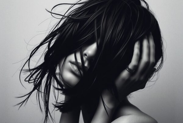 Grayscale portrait of a woman with hair covering her face, creating a mysterious and artistic atmosphere.