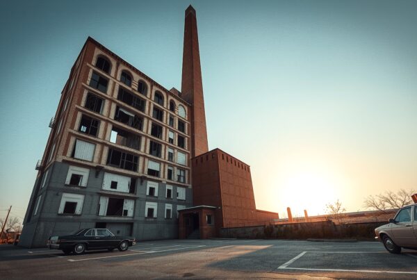 Abandoned factory building at sunrise with vintage cars parked in the foreground.