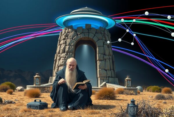 A mysterious figure reads a book under neon lights in a desert landscape.