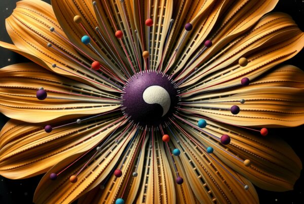 Abstract flower with gold petals, purple center sphere, cosmic design elements.