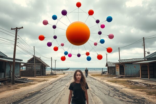 A young girl stands beneath a floating structure of colorful spheres on a cloudy rural road, merging surreal with rustic.