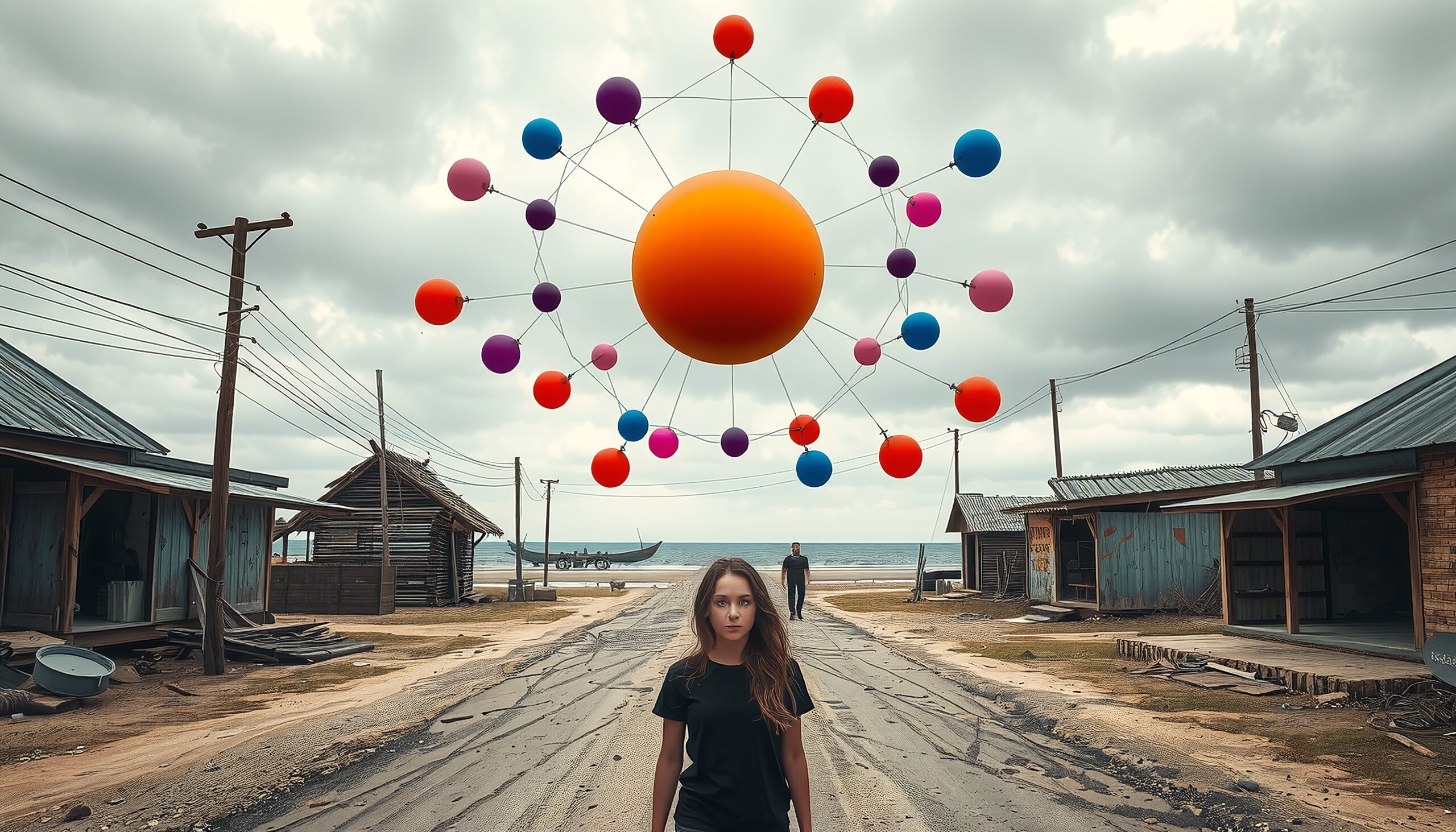 Floating Spheres Above Deserted Road