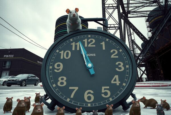 A group of mice around a large clock in a snowy industrial landscape.